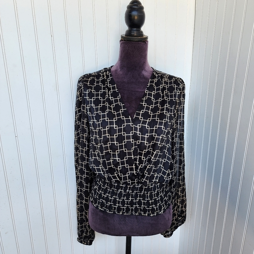NWT Haver London Top Womens Black Beige Gold Flowy Puff Sleeve Smocked Waist S